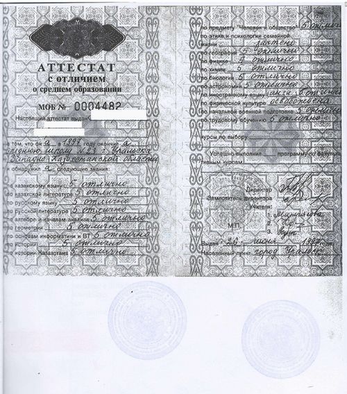 Пример ДДВ аттестата, оформленного в Посольстве Италии в Астане, Казахстан