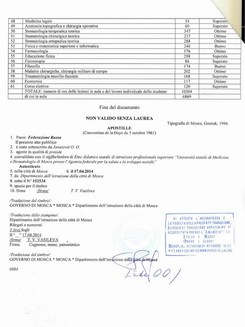 Пример оформления ДДВ диплома медика в Консульстве Италии в Москве